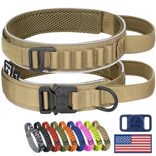 HYDEME Taktisches Hundehalsband, Alpenschlaufe, verstellbar, Militär-Training, Nylon, mit Griff und reflektierend, für kleine, mittelgroße und große Hunde, mit Airtags-Schutzhülle und Flicken (M, von HYDEME