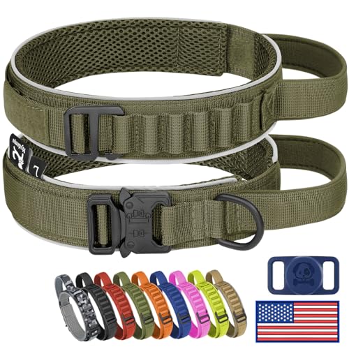 HYDEME Taktisches Hundehalsband, Alpenschlaufe, verstellbar, Militärtraining, Nylon, mit Griff und reflektierend, für kleine, mittelgroße und große Hunde, mit Airtags-Schutzhülle und Flicken (L, von HYDEME