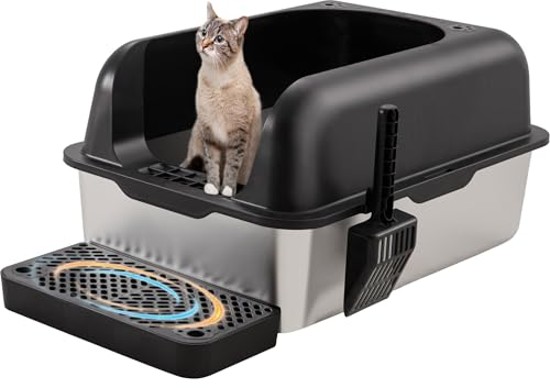 HYDRAGARDEN XL Katzentoilette aus Edelstahl, extra große Metall-Katzentoilette für große Katzen, mit hochseitigem Gehäuse, Anti-Auslaufen, einfache Reinigung, nicht klebrig, inklusive Löffel & Gang von HYDRAGARDEN