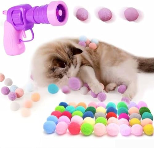 HYLRUNG 50 Katzenspielzeug Ball mit 1P Cat Ball Launcher, Weiche Katzenbälle, Kätzchen Pompon Spielzeug Bälle, Plüsch Kätzchen Haustier Spielzeug Bälle, Interaktives Spielzeug von HYLRUNG