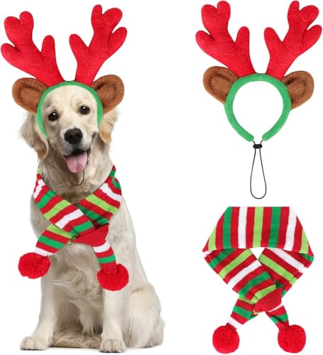 HYLYUN 2 Stück Haustier Weihnachtskostüme Set Rentier Stirnband und Katze Hund Schal Weihnachtsoutfit Verstellbare Kopfschmuck für Welpen Kleine Katzen Hunde Haustiere von HYLYUN