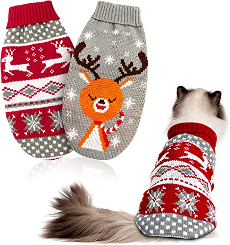 HYLYUN 2 Stück Weihnachts Katze Hunde Pullover, Klein Hundepullover Schneeflocken Rentier-Motiv Strickwaren, Wintermantel Warmhalten Katze Weihnachten Kostüm für Katze Klein Hunde von HYLYUN