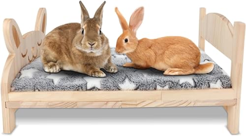 HYLYUN Großes hölzernes Kaninchenbett, 2 in 1 Zusammenklappbares Hölzernes Haustierbett mit Abnehmbarem Kissen für Kaninchen, Meerschweinchen, Kätzchen, Welpen schlafende kleine Tierbetten von HYLYUN