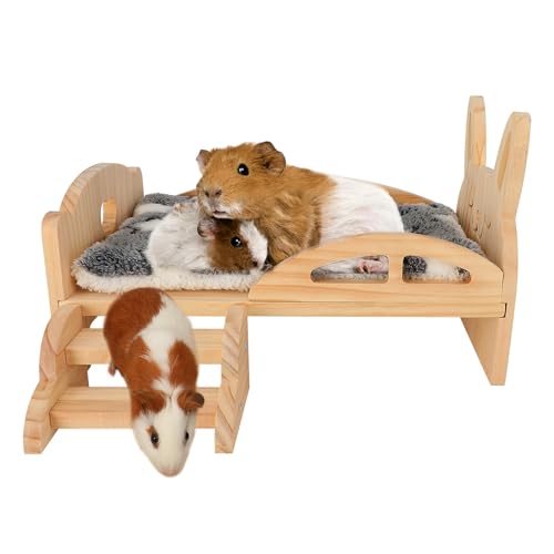 HYLYUN Holz Meerschweinchen Bett mit Treppe und Matte, Holz Meerschweinchen Bett abnehmbare Plattform Meerschweinchen Tiere Kissen Bett für Zwergkaninchen Chinchillas Hamster Frettchen von HYLYUN