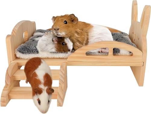 HYLYUN Meerschweinchenbett aus Holz mit Treppe und Matte, Holz Meerschweinchenbett Abnehmbare Plattform Meerschweinchen Tiere Kissen Bett für Zwergkaninchen Chinchillas Hamster Frettchen von HYLYUN