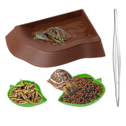 HYLYUN Schildkröten-Futterschale mit Rampenblatt, 3-teiliges Schildkröten-Futter-/Wassernapf-Set, Reptilienfutter, Wassernäpfe, Reptilien, Baden, Pool, Aquarium, Ornament für Gecko, Schlange, von HYLYUN