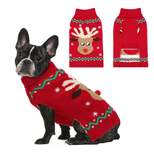 HYLYUN Weihnachten Hund Pullover, Rentier Schneeflocke Weihnachten Hund Outfits mit Leine Loch, Klassische Rollkragen Hundekleidung für Welpen Medium Hund von HYLYUN