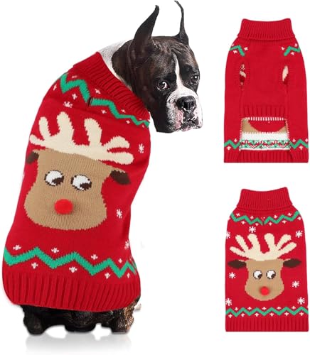 HYLYUN Weihnachten Hund Pullover, Rentier Schneeflocke Weihnachten Hund Outfits mit Leine Loch, Klassische Rollkragen Hundekleidung für Welpen Medium Hund von HYLYUN