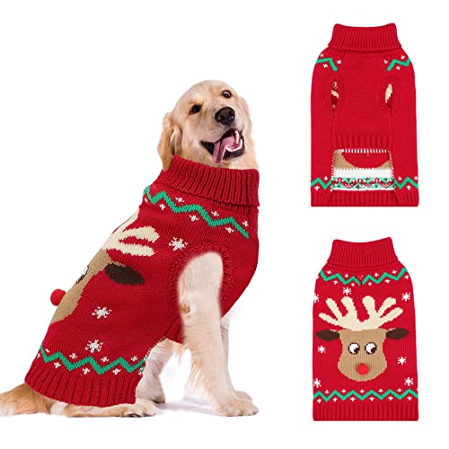 HYLYUN Weihnachten Hund Pullover, Rentier Schneeflocke Weihnachten Hund Outfits mit Leine Loch, Klassische Rollkragen Hundekleidung für Welpen Medium Hund von HYLYUN