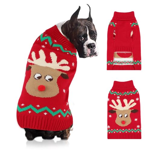 HYLYUN Weihnachtspullover für Hunde, Rentier, Schneeflocke, Weihnachts-Hunde-Outfits mit Loch für die Leine, klassischer Rollkragenpullover für mittelgroße Hunde (Größe S) von HYLYUN