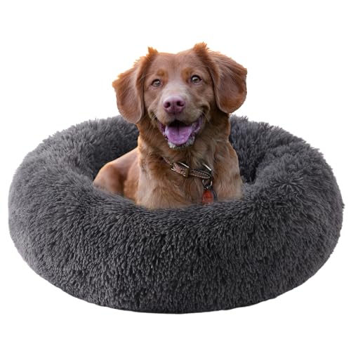 HYQ Calming Dog Bed, Round Donut Dog Bed, Cat Beds for Indoor Cats, Fluffy Faux Fur Plush Small Dog Bed, Washable Puppy Bed with Anti Slip Bottom, Dog Beds for Medium Dogs-(Dark Grey, 28 Inch) von HYQ