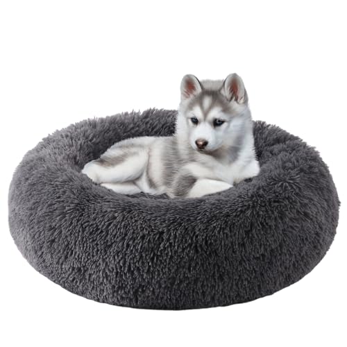 HYQ Calming Dog Bed, Round Donut Dog Bed, Cat Beds for Indoor Cats, Fluffy Faux Fur Plush Small Dog Bed, Washable Puppy Bed with Anti Slip Bottom, Dog Beds for Small Dogs-(Dark Grey, 17 Inch) von HYQ