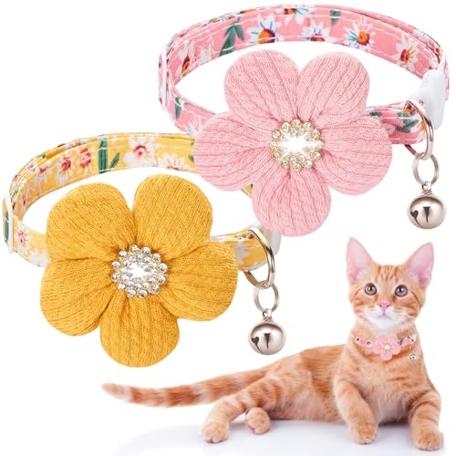 HYQHYX Katzenhalsband, Katzenhalsband mit Blume, Strass-Kätzchen-Halsband mit Glöckchen, florales Haustierhalsband mit Sicherheitsschnalle für Katzen und Welpen von HYQHYX