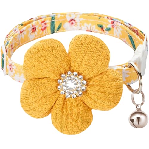 HYQHYX Katzenhalsband, Katzenhalsband mit Blume, Strass-Kätzchenhalsband mit Glöckchen, florales Haustierhalsband mit Sicherheitsschnalle für Katzen und Welpen, Gelb von HYQHYX