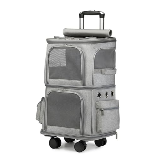 HYQOUKLR Haustiergepäck, Haustier-Tragerucksack mit Zwei Fächern und Rädern, Doppellagiges Haustiergepäck, Katzenrollträger for 2 Katzen, Haustier-Trolley-Gepäck for unterwegs(Gray A) von HYQOUKLR