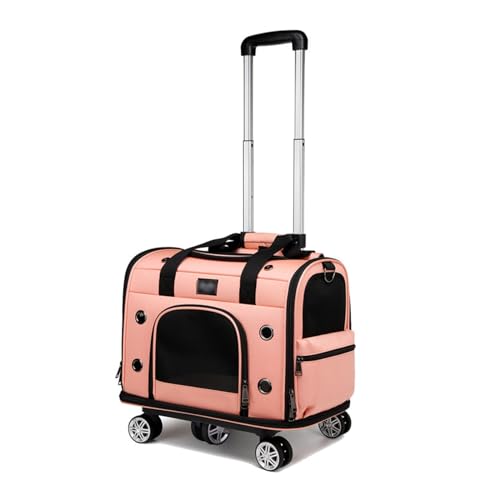 HYQOUKLR Haustiergepäck, Haustier-Trolley mit Rädern, Haustier-Transportbox for Katzen und Hunde, 6,8 kg, mit Teleskopgriff, kleine Hundetransportbox mit abnehmbaren Rädern(Pink A) von HYQOUKLR