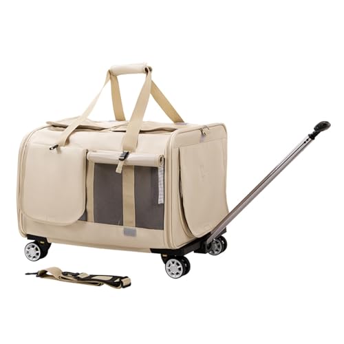 HYQOUKLR Haustiergepäck, Tragbarer Reiseträger for Haustiere mit Zwei Fächern und Rädern, Starke, Atmungsaktive Mesh-Einsätze(Beige,A) von HYQOUKLR