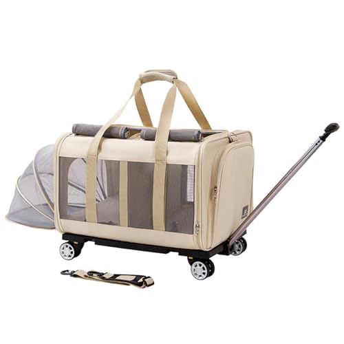 HYQOUKLR Haustiergepäck, Tragbarer Reiseträger for Haustiere mit Zwei Fächern und Rädern, Starke, Atmungsaktive Mesh-Einsätze(Beige,C) von HYQOUKLR