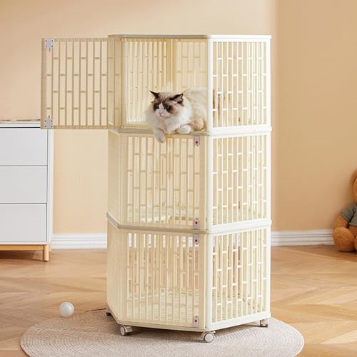 Katzenkäfig mit 4 Ebenen, Katzenlaufstall innen, Katzengehege, Belüftung und Atmungsaktivität, mit Schloss, Universalrad, Off-White, Kätzchenkäfig, für 1-3 Katzen (3 Schichten) von HYUFEIAO