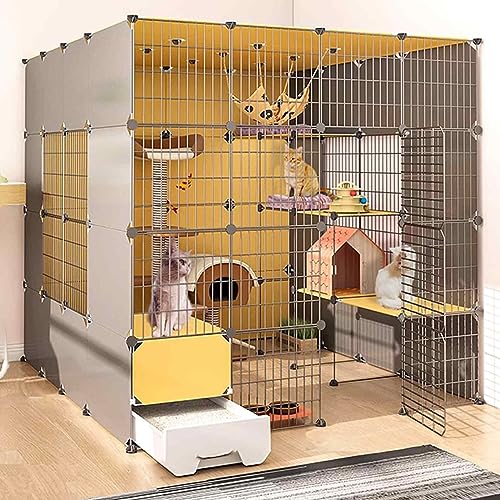 Katzenkäfige Indoor Groß mit Katzentoilette, Haustierbox Abnehmbar, Katzenstifte für Innen, Kätzchen Käfig Indoor Pen mit Dach, Transparentes Design, Super Tragfähig, Einfach Zu Montieren von HYUFEIAO