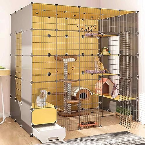 Katzenkäfige Indoor Groß mit Katzentoilette, Haustierbox Abnehmbar, Katzenstifte für Innen, Kätzchen Käfig Indoor Pen mit Dach, Transparentes Design, Super Tragfähig, Einfach Zu Montieren von HYUFEIAO