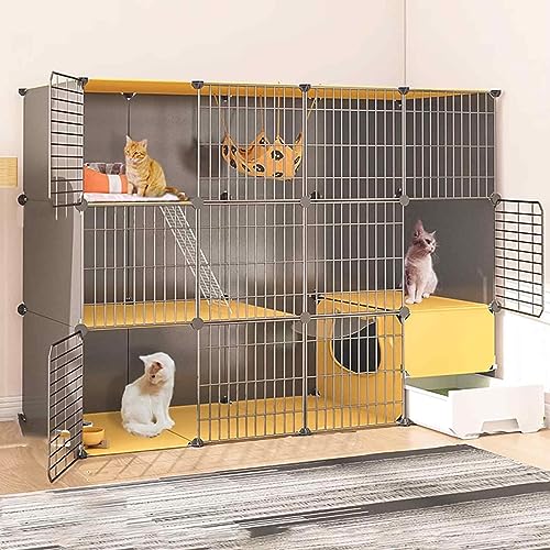 Katzenkäfige Indoor Groß mit Katzentoilette, Haustierbox Abnehmbar, Katzenstifte für Innen, Kätzchen Käfig Indoor Pen mit Dach, Transparentes Design, Super Tragfähig, Einfach Zu Montieren von HYUFEIAO