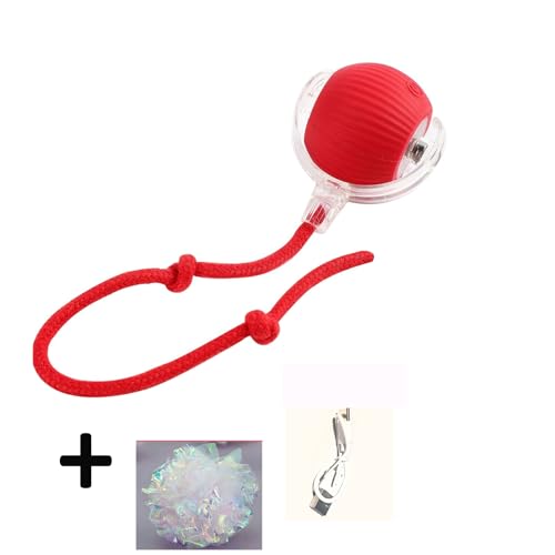 HYUIND Interaktiver rollender Katzenball, Hundespielzeug, rollender Ball for den Innenbereich, 360° intelligenter automatischer rollender Haustierball, selbstrollender Ball(Red Ball with Cord) von HYUIND