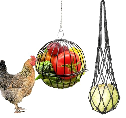 HZAKXIN 2 Stück Hühnerspielzeug Leckerli-Ball und Hühner-Gemüse-Schnurbeutel, Chiken Veggie Feeder Ball Hängende Huhn Leckerli-Spender für Hühner Huhn Gans Ente von HZAKXIN