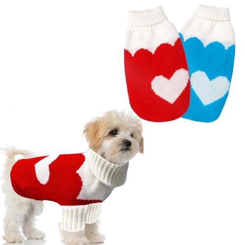 HZAKXIN 2 Stück Valentinstag Hund Katze Pullover für Hunde Welpen Kätzchen Rollkragen Strickwaren Kleidung Hund Warm Urlaub Outfit Rot Blau Herz für kleine mittelgroße Hunde Katzen von HZAKXIN