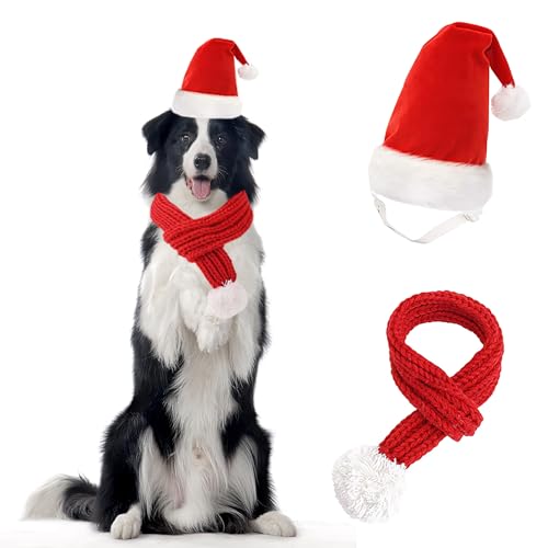 HZAKXIN Weihnachten Hund Katze Weihnachtsmann Hut Schal Hund Winter Strickschal Haustier Winter Halswärmer Kostüm mit weißem Pompon Ball Party Dressup Xmas Cute Dekorieren Geschenk Rot für kleine von HZAKXIN