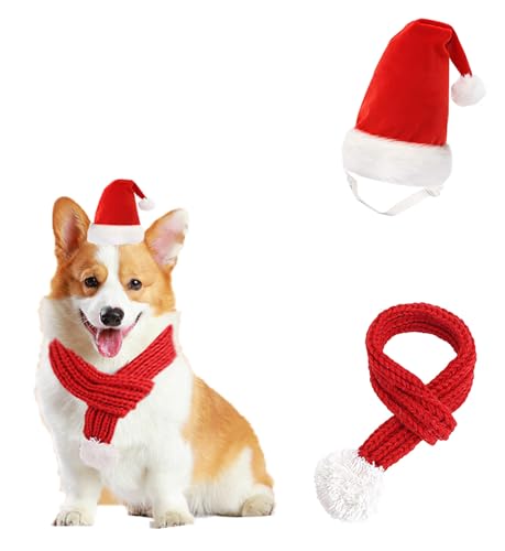 HZAKXIN Weihnachtlicher Schal für Hunde und Katzen, Weihnachtsmannmütze, Strickschal, Haustier-Winter-Halswärmer, Kostüm mit weißem Bommel, Party, Verkleidung, Weihnachten, niedliches Geschenk, Rot von HZAKXIN