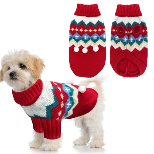 HZAKXIN Weihnachtspullover für Katzen, Welpen, Kätzchen, Rollkragen, Strickwaren, Kleidung, Katze, Winteroutfit mit Weihnachtsbaum, Streifenmuster, Rot für kleine Katzen, Hunde, Kätzchen (Größe M) von HZAKXIN