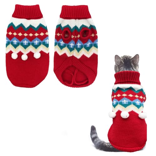 HZAKXIN Weihnachtspullover für Katzen, Welpen, Kätzchen, Rollkragen, Strickwaren, Kleidung, Katze, Winteroutfit mit Weihnachtsbaum, Streifenmuster, Rot für kleine Katzen, Hunde, Kätzchen (XS) von HZAKXIN