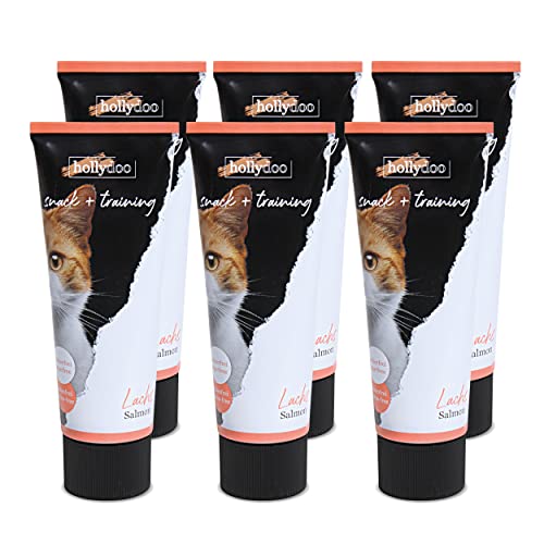 Hollydoo Snack & Training für Katzen Lachs in der Tube Premium Leckerlie getreidefrei glutenfrei zuckerfrei 450 gr. (6X 75 gr.) von HaGaFe