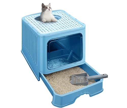 Katzentoilette Katzenklo Tragbare Katzentoilette Mit Deckel, Große Katzentoilette Mit Katzenstreuschaufel, Schubladentyp, Leicht Zu Reinigen Katzentoiletten(Blue) von Habrur