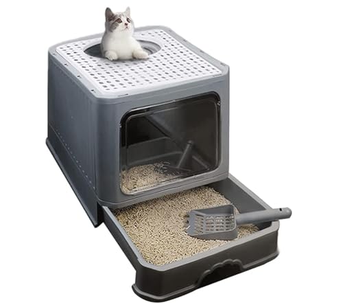 Katzentoilette Katzenklo Tragbare Katzentoilette Mit Deckel, Große Katzentoilette Mit Katzenstreuschaufel, Schubladentyp, Leicht Zu Reinigen Katzentoiletten(Grey) von Habrur