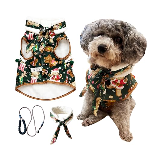 Weihnachtskostüm-Set für Haustiere, kleine Hunde, Welpen, Kätzchen, verstellbar, Weihnachtskleidung, Kleidung mit Leine und weihnachtlichem Halsband zum Binden, Grün, Größe XS von Habsiket