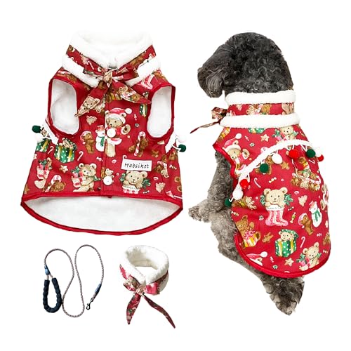 Weihnachtskostüm-Set für Haustiere, kleine Hunde, Welpen, Kätzchen, verstellbares Weihnachtsoutfit mit Leine und weihnachtlichem Halsband zum Binden, Rot, Größe XL von Habsiket