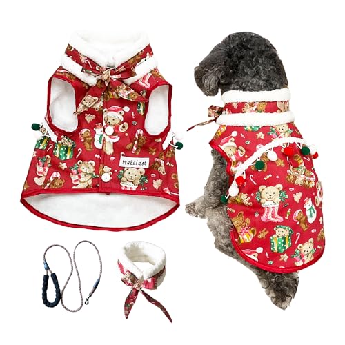 Weihnachtskostüm-Set für Haustiere, kleine Hunde, Welpen, Kätzchen, verstellbares Weihnachtsoutfit mit Leine und weihnachtlichem Halsband zum Binden, Rot, Größe XS von Habsiket