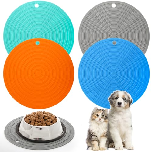 Hacaroa 4 Stück 24 cm Silikon-Futtermatte für Haustiere, rutschfeste Hundefuttermatte Wassernapfmatte, wasserfeste Katzennapfunterlage für Haustiere, spülmaschinenfest, 4 Farben, rund von Hacaroa