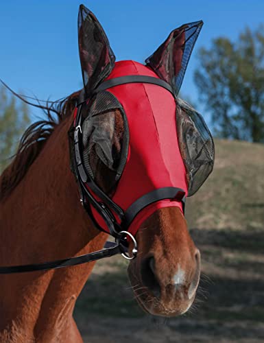HackFond Pferdemaske, großzügige und feine Netz-Augenabdeckungen und Ohren, elastische Maske, eng anliegend, bequem, atmungsaktiv, leicht, dehnbar, Schutz für Pferde, Rosenrot von HackFond