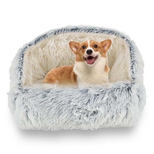 HaiTaoSy Hundebett Flauschig, Katzenbett, Hundekissen Waschbar, Langer Plüsch, Hundehöhle Quadrat mit Dach, Hellgrau L- 70 cm, Hundekörbchen Hunde für Kleine Mittelgroße, Katzen von HaiTaoSy