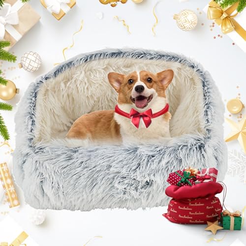 HaiTaoSy Hundebett Flauschig, Katzenbett, Hundekissen Waschbar, Langer Plüsch, Hundehöhle Quadrat mit Dach, Hellgrau M- 60 cm, Hundekörbchen Hunde für Kleine Mittelgroße, Katzen von HaiTaoSy