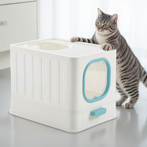 Katzentoilette Box mit Lippe, Gehäuse für große Katzen, hohe Seiten, Schaufel antihaftbeschichtet, Anti-Leck, Anti-Spritz (Blau, Weiß) von HaiYiZuhause