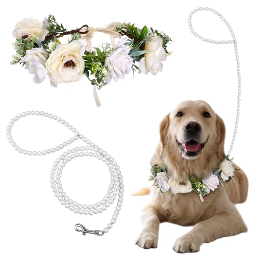 Hundehalsband mit Blume, Hochzeits- und Leine, Set mit Perlen, elegantes Hunde-Blumen-Stirnband, Haustier-Foto-Requisite für Hochzeit, verstellbare Blumenhalsbänder, Haustier (mittel) von Haiabei