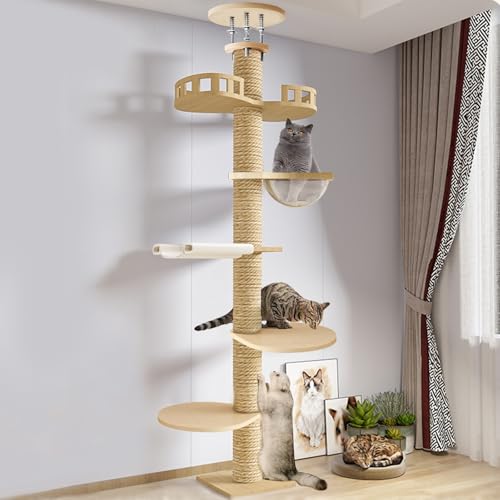 Haibinsuo Katzenbaum vom Boden bis zur Decke, höhenverstellbar, 3 m, 6-stöckig, Hanf-Kratzbaum mit Aussichtsturm und Katzennest, großer Katzenaktivitätsbaum für drinnen und draußen, 1 Set von Haibinsuo