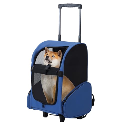 Haibinsuo Rollende Haustiertragetasche für kleine Hunde Katzen 3-in-1 Reiserucksack mit Doppelrollen Teleskopgriff Faltbarer 600D Oxford Hundetrolley Fluggesellschaft zugelassene Haustiertragetasche von Haibinsuo