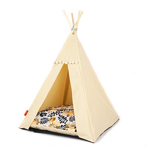 Halkalife Tipi für Katzen und Hunde mit Bommeln. Wasserdichtes Haustierzelt mit Rutschfester Basis. Hunde- und Katzenhaus. (Blätter, 55x55x82cm, Beiges Zelt) von Halkalife