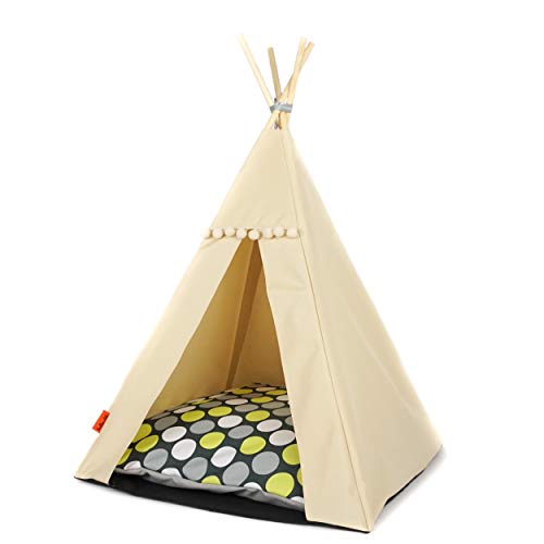 Halkalife Tipi für Katzen und Hunde mit Bommeln. Wasserdichtes Haustierzelt mit Rutschfester Basis. Hunde- und Katzenhaus. (Grüne Punkte, 65x65x94, Beiges Zelt) von Halkalife