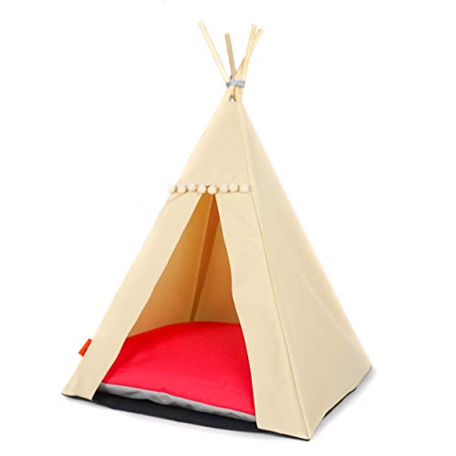 Halkalife Tipi für Katzen und Hunde mit Bommeln. Wasserdichtes Haustierzelt mit Rutschfester Basis. Hunde- und Katzenhaus. (Himbeere, 65x65x94, Beiges Zelt) von Halkalife